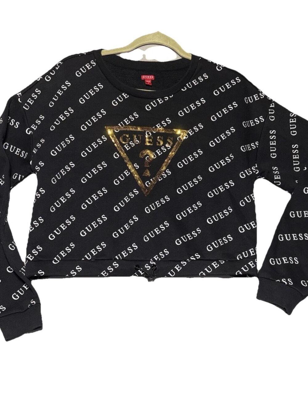 Guess Black Cropped Sweatshirt White Spellout Sequin Logo Womens Medium